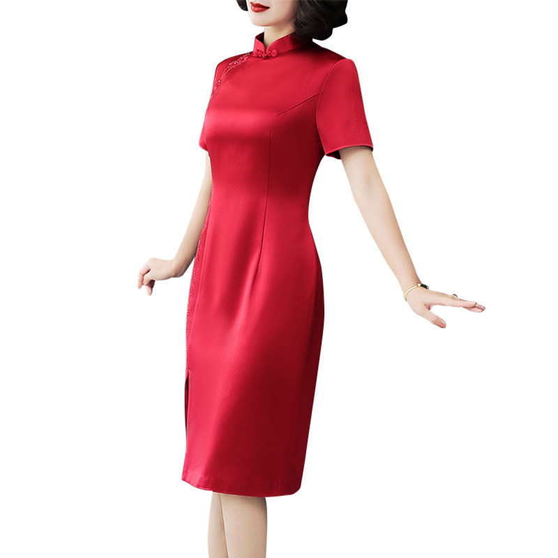 喜妈妈参加婚礼醋酸旗袍改良版夏季气质婚宴礼服连衣裙女2022新款