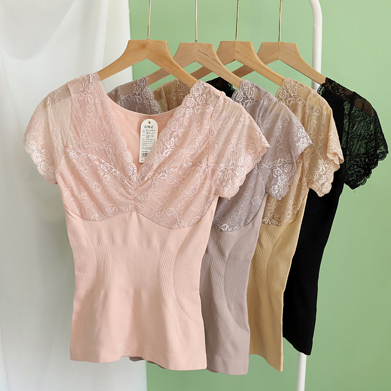 塞德纳蕾丝V领短袖塑身衣美体打底衫无缝压力束腰收腹性感女上衣,淘宝优惠券,粉丝福利购,淘宝优惠卷