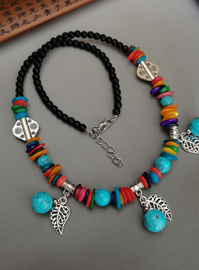 藏族锁骨链流苏项链民族风配饰复古轻奢串珠项链藏式红蓝色毛衣链