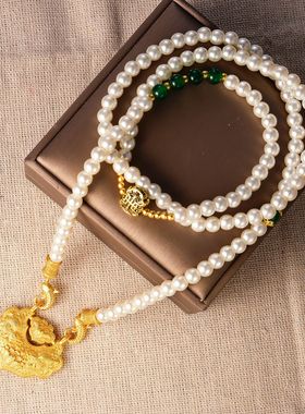 沙金平安锁项链女款新中式国风轻奢小众锦鲤锁骨链镶钻毛衣链