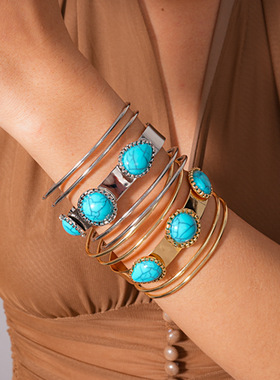 欧美跨境松石蓝色亚克力镶钻多层手镯度假风手环时尚简约百搭手饰