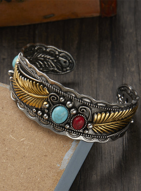 新款复古纳瓦霍风仿蓝松石手镯波西米亚民族风藏族蒙古异域风手环