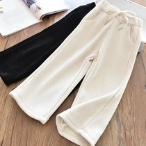 Girl foreign air integrated suede warm high waist loose light core suede trousers CUHK Children plus suede straight drum pants