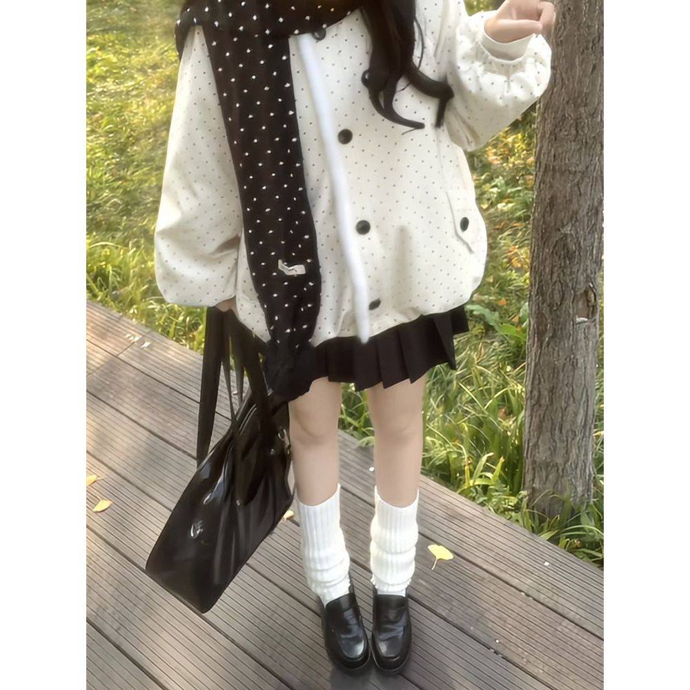 波点新款杏韵甜系可爱少女波点毛呢外套校供感K短裙围巾三件套,淘宝优惠券,粉丝福利购,淘宝优惠卷