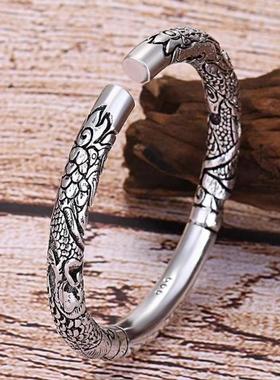 双龙抱柱霸气浮雕龙纹开口手镯复古风做旧合金手镯男女同款