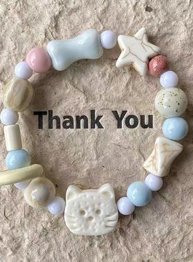 高颜值猫咪手串饰品甜美可爱粉色小猫咪串珠文艺百搭新中式手饰女