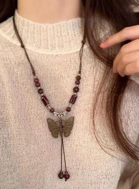 新中式国风复古陶瓷蝴蝶铃铛吊坠项链新款民族风衣长款项链配饰品