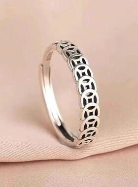 素银铜钱戒指女泰银做旧钱多多食指韩版ins复古个性招财指环