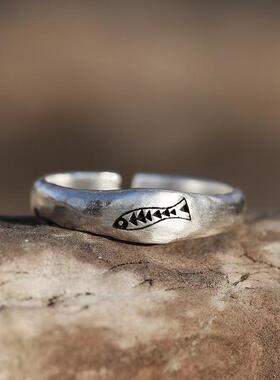 复古做旧鱼形银戒指男女同款个性潮牌开口戒情侣对戒饰品货源