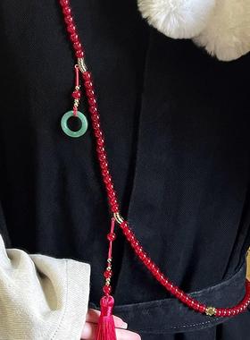 新中式长款绿色串珠项链女国风斜挎链复古气质一款多戴毛衣链配饰