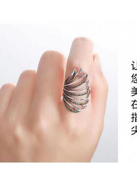 复古银色镂空羽翼高级戒指个性时尚百搭创意设计感气质风开口指环