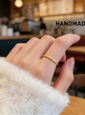 不掉色美国进口14K包金磨砂细戒指女线条简约戒圈尾戒食指戒叠戴