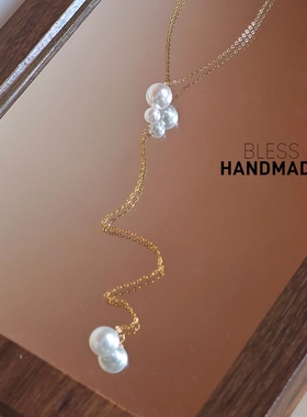 14K金色性感显瘦长吊坠珍珠项链