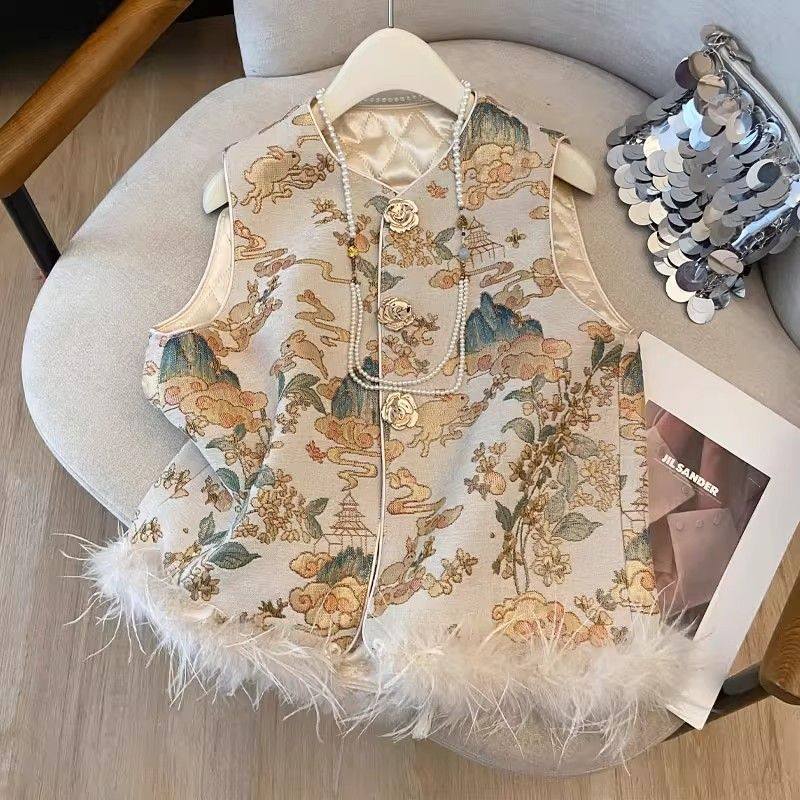 红色国风马甲新中式鸵鸟毛马夹重工刺绣坎肩背心秋冬夹棉女款外套,淘宝优惠券,粉丝福利购,淘宝优惠卷