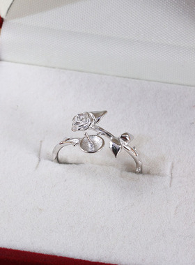 S925纯银开口玫瑰花珍珠戒指配饰