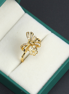 纯银蝴蝶结珍珠戒指空托