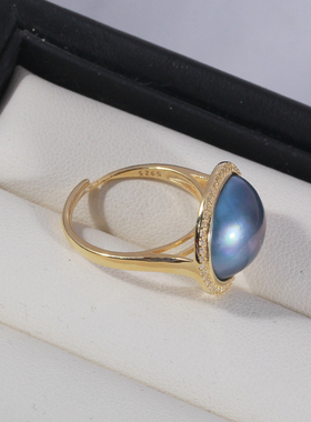 S925纯银微镶锆石马贝珍珠戒指