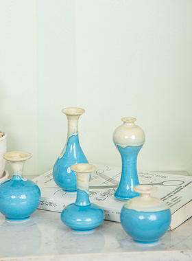 新品手工水器蓝色式小花办公室插花培公室花花瓶桌面摆件办公陶瓷