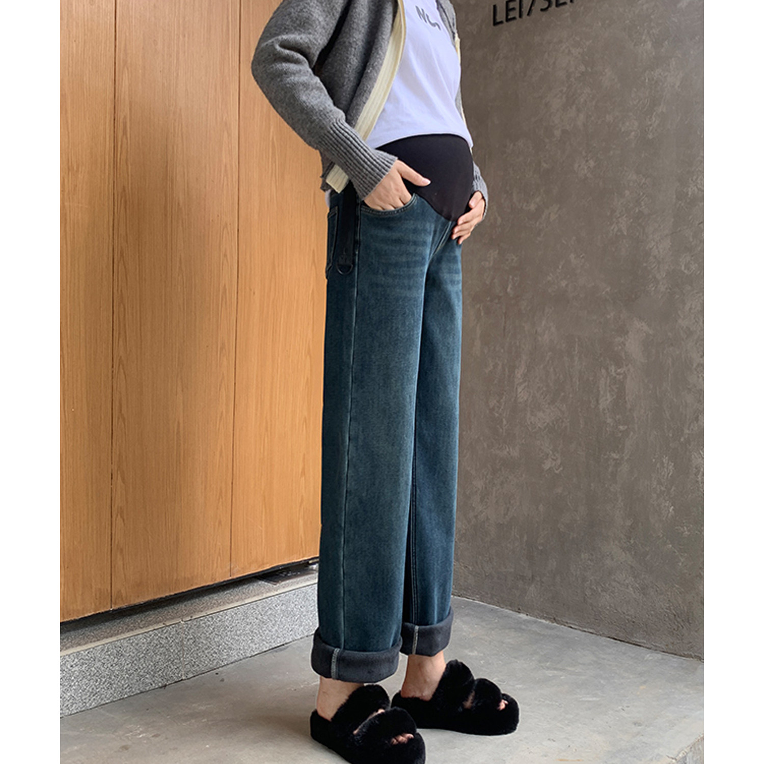 孕妇阔腿牛仔裤冬季加绒2025新款不勒肚子外穿托腹窄版直筒长裤子,淘宝优惠券,粉丝福利购,淘宝优惠卷