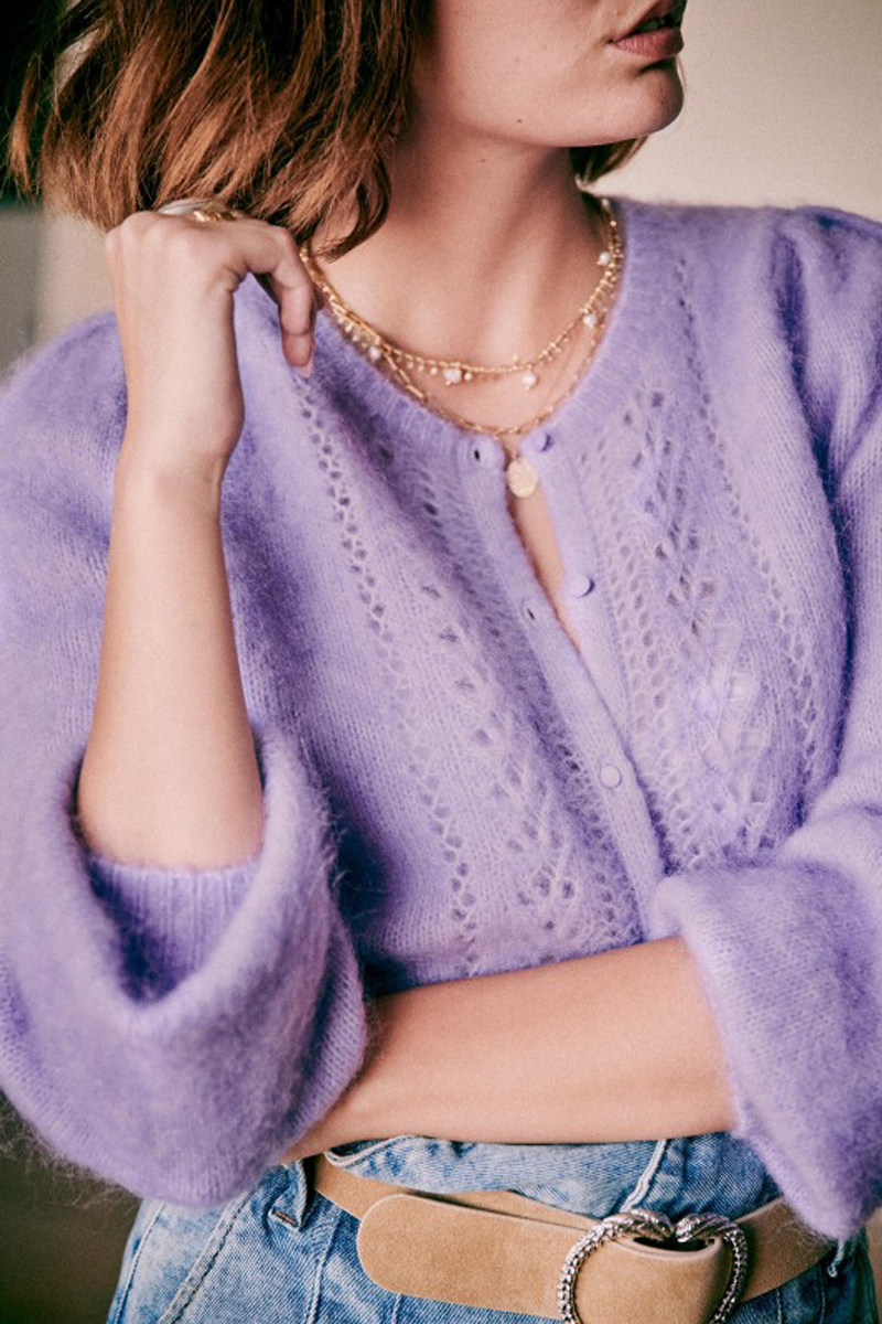 针织开衫春季新款女短款薄款软糯羊毛衫外套镂空外穿显法式紫色,淘宝优惠券,粉丝福利购,淘宝优惠卷