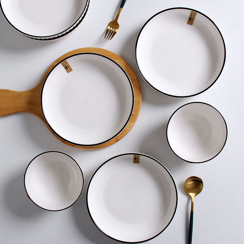碗碟套装家用陶瓷餐具创意网红餐具个性碗盘黑边北欧简约碗筷组合-图1