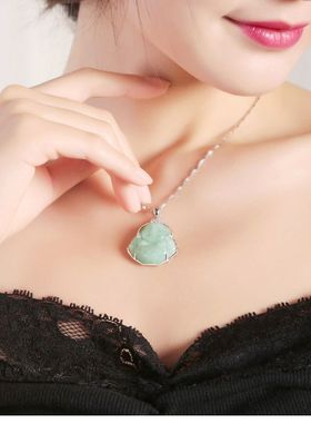 天然a货翡翠小佛白金款银镶玉