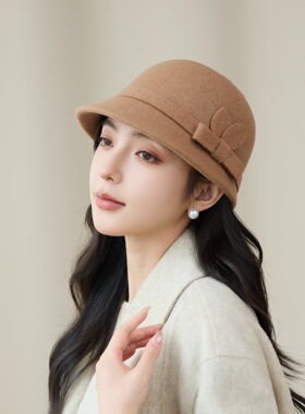 羊毛呢马术帽子秋冬中老年女士妈妈保暖礼帽高级感蝴蝶结时尚盆帽