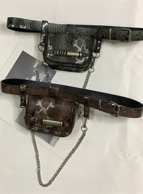 蛇纹皮带腰包女时尚百搭迷你个性街拍小包包装饰链条腰带包ins