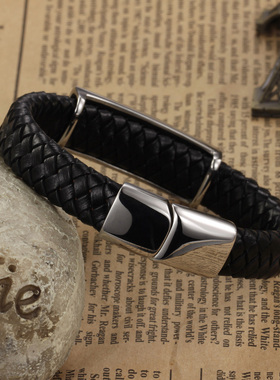 欧美风黑色编织男士钛钢手环