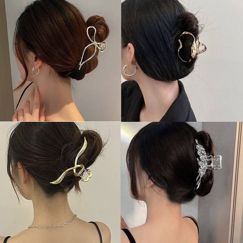 Fashion Metal Hair Claw Clips Vintage Pearl Cross Geometric-图1