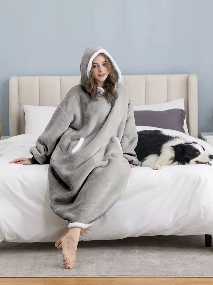 Women Hoodie Blanket Winter Warm Fleece Sweathirt Blanket Ov-图0