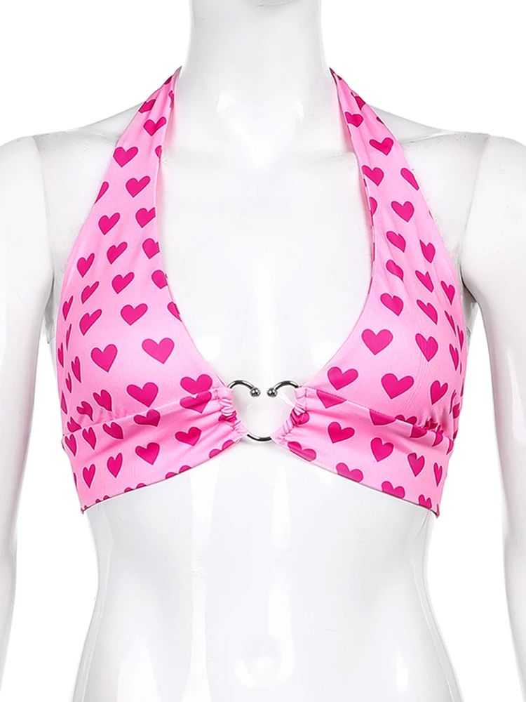 Pink Heart Print Cute Bustier Crop Top Women Aesthetic Kawai - 图2