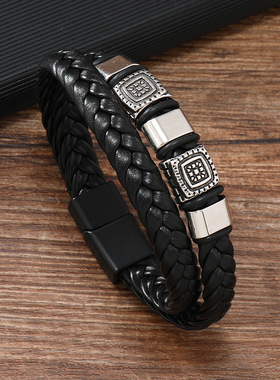跨境个性几何方块花型双层皮质磁吸扣手链  合金配饰手工编制手镯