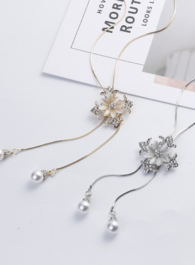 韩版花朵时尚百搭项链镶钻秋冬配饰合金猫眼石流苏珍珠长款项链