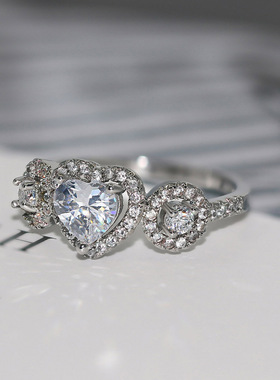 胧月 跨境爆款配饰 女式心形结婚戒指 锆石微镶镀白金首饰批发