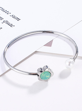 日韩甜美风创意新款配饰品 珍珠绿色水晶石开口时尚手镯