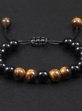 跨境外贸欧美虎眼石手链8mm火山瑜伽手工编织手串创意间隔手绳子