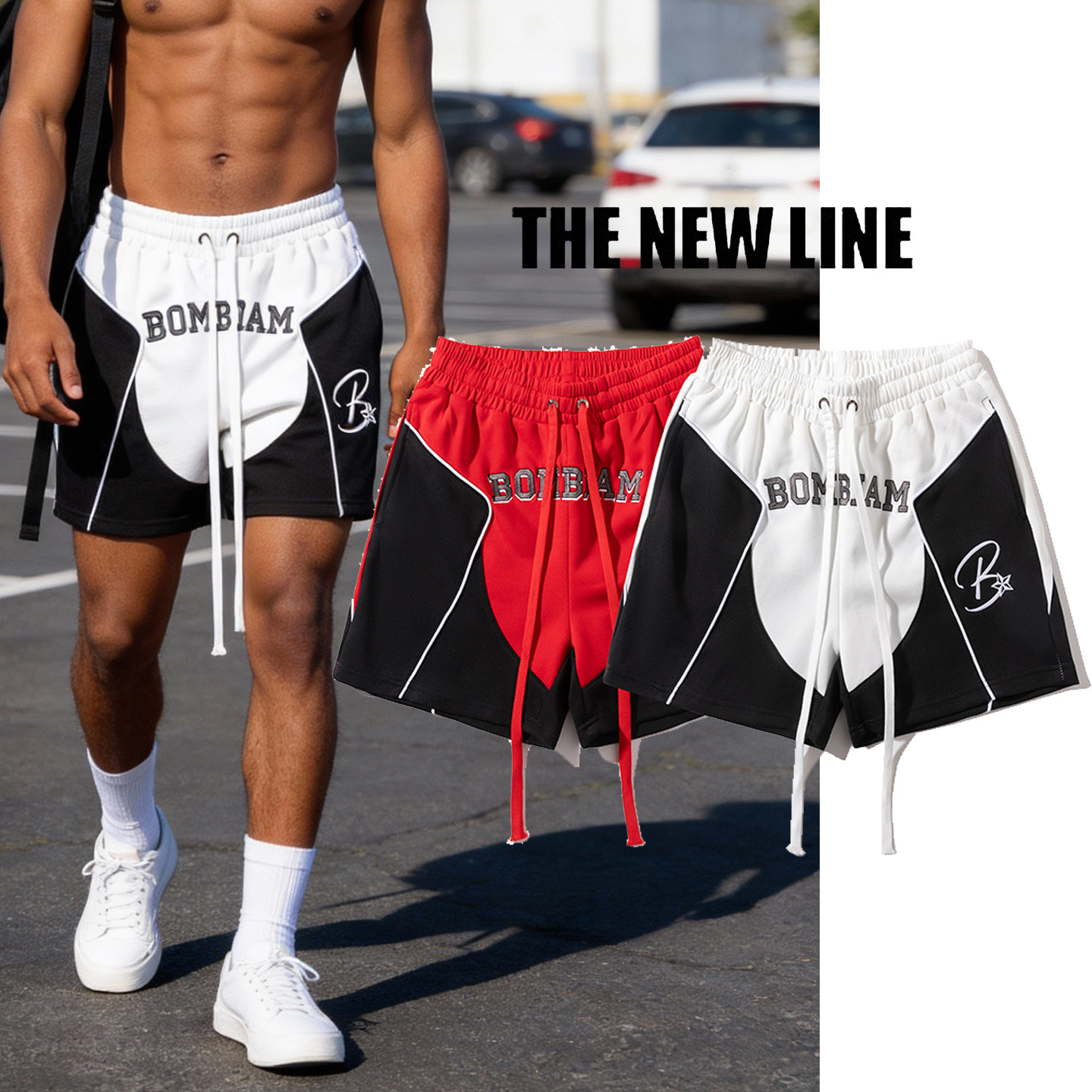 潮牌嘻哈拼色短裤男 夏季宽松阔腿运动裤 街头风百搭四分篮球裤,淘宝优惠券,粉丝福利购,淘宝优惠卷