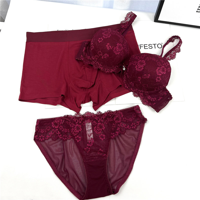 无钢圈情侣内衣本命年枣红色三件套一男一女情侣内裤新婚结婚套装,淘宝优惠券,粉丝福利购,淘宝优惠卷