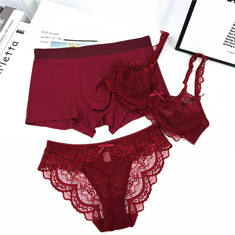 无钢圈情侣内衣本命年枣红色三件套一男一女情侣内裤新婚结婚套装,淘宝优惠券,粉丝福利购,淘宝优惠卷