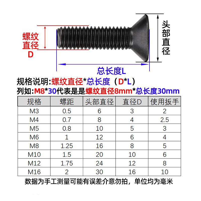 DIN7991-M4M5M6M8M12 10.9级内六角沉头螺丝GB/T70.3平头螺钉螺栓