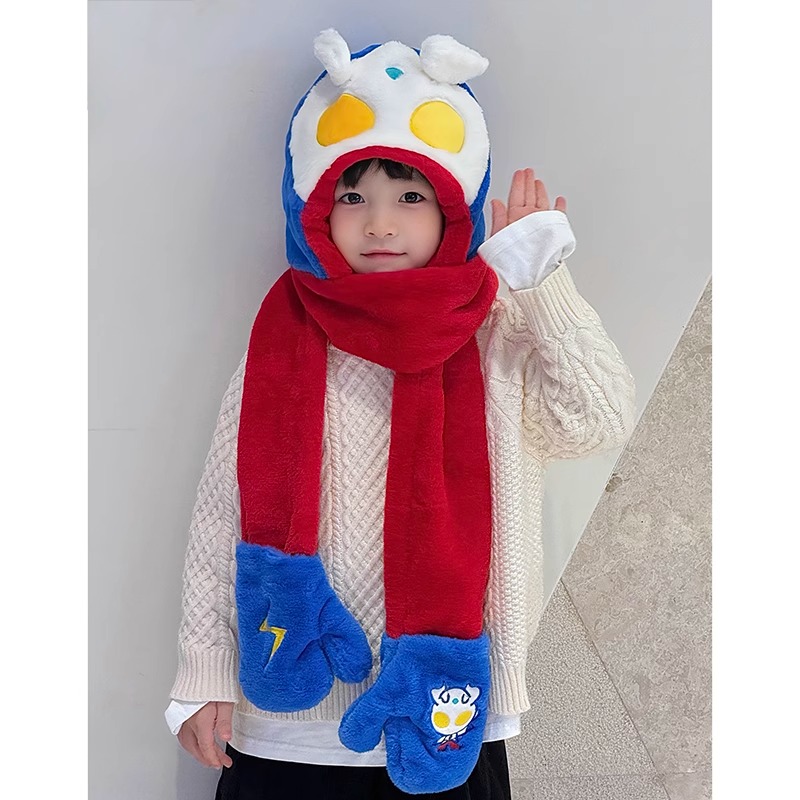 奥特曼帽子儿童围巾一体手套围脖2025新款秋冬季男孩捏耳朵会动的 - 图1