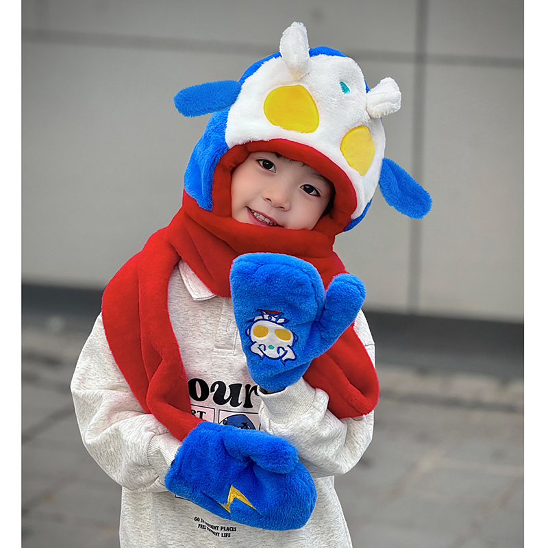 奥特曼帽子儿童围巾一体手套围脖2025新款秋冬季男孩捏耳朵会动的 - 图0