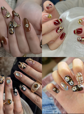 复古日系花朵带金五瓣花美甲贴纸
