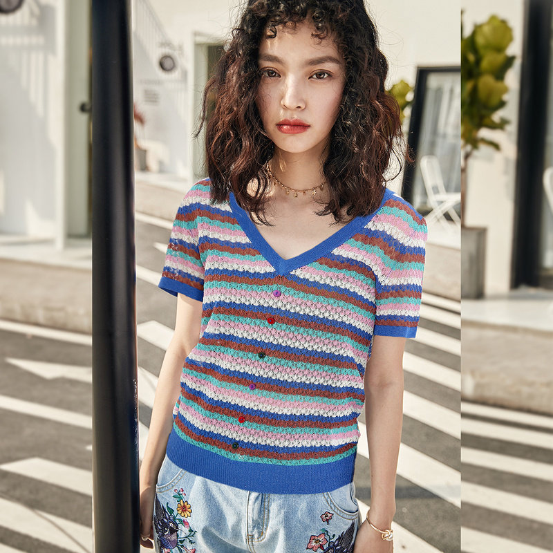 裂帛2020夏季新款气质v领针织衫 裂帛立天毛针织衫