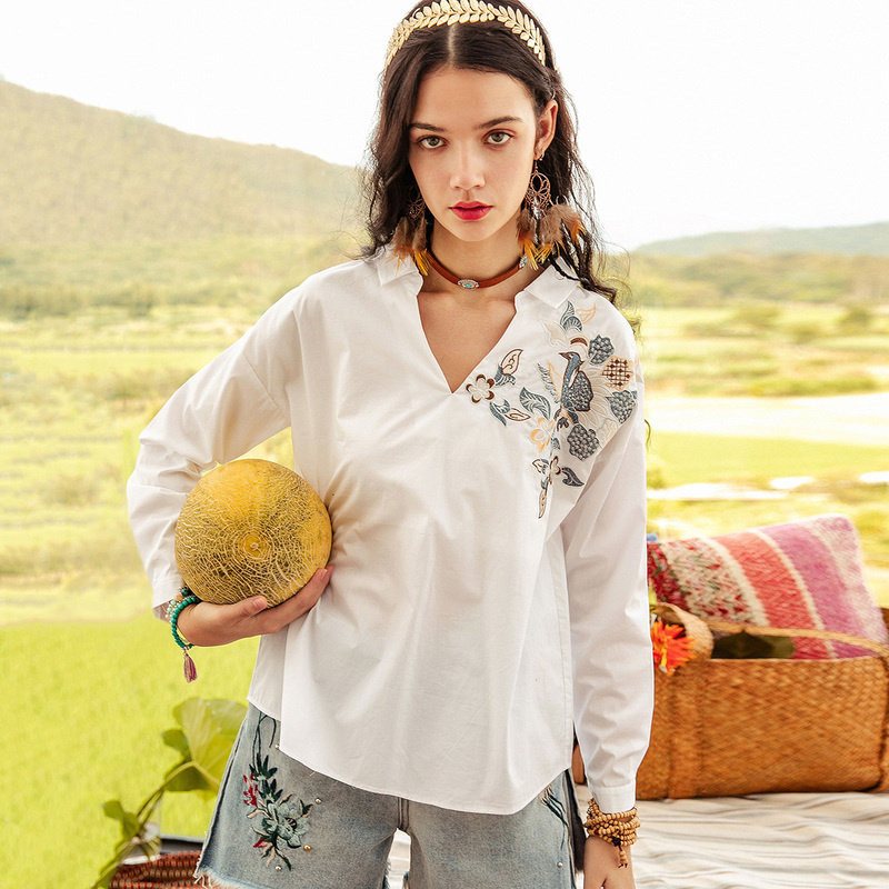 裂帛v领长袖2020春夏新款刺绣衬衫 裂帛立天衬衫