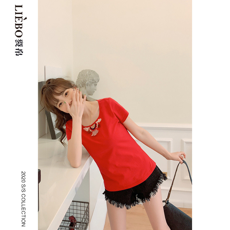 裂帛2020夏季新款小众刺绣修身t恤 裂帛立天T恤