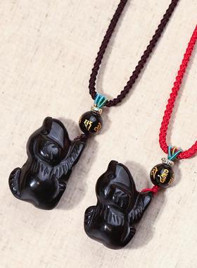 天然黑曜石小狗吊坠生肖属兔六合狗形男女本命年挂件玉狗水晶项链