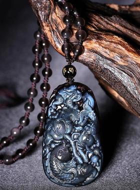 鬼蓝眼黑曜石吊坠本命年双鲤如意锦鲤鱼挂件护身符项链上岸礼物