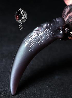 蓝眼冰种黑曜石狼牙吊坠狼头黑曜石男士项链饰品双面立体雕刻